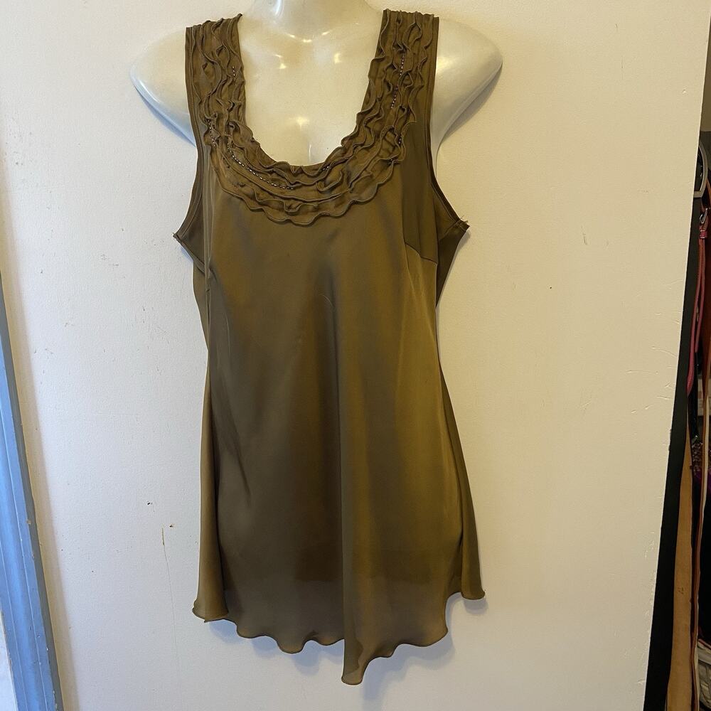 Spense Women M Sleeveless Slip Mini Dress Satin Olive Round Neck Ruffle Romantic - Picture 5 of 9